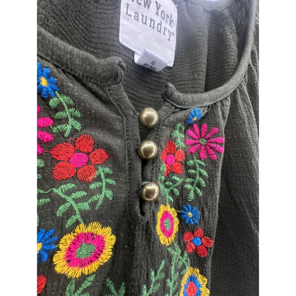 Womens Embroidered Floral Tie Front Top Green Boho Size L Festival Henley Style - Picture 4 of 11